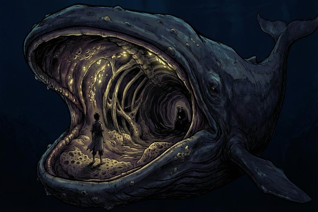 A young man standing inside the belly of an enormous whale — the son who must rescue his father