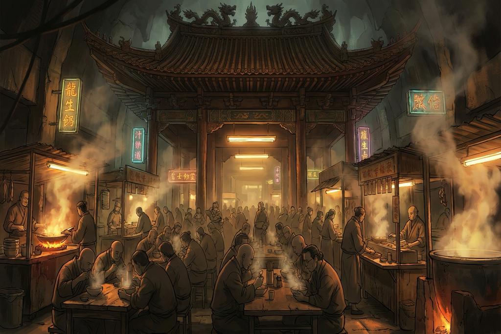 A hawker centre reimagined as an ancient temple — worshippers bowing over bowls of noodles