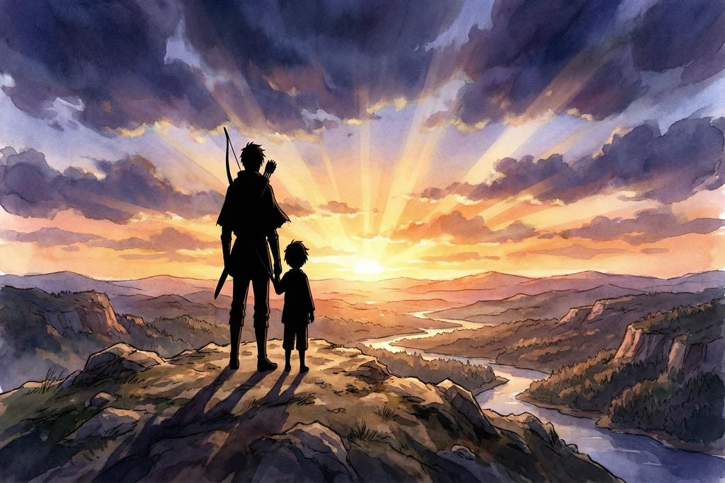 A father and child silhouetted against a golden dawn — they haven't eaten yet, they're about to go hunt